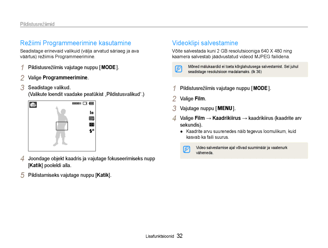 Samsung EC-ST30ZZBPRE2 Režiimi Programmeerimine kasutamine, Videoklipi salvestamine, Valige Programmeerimine, Sekundis 