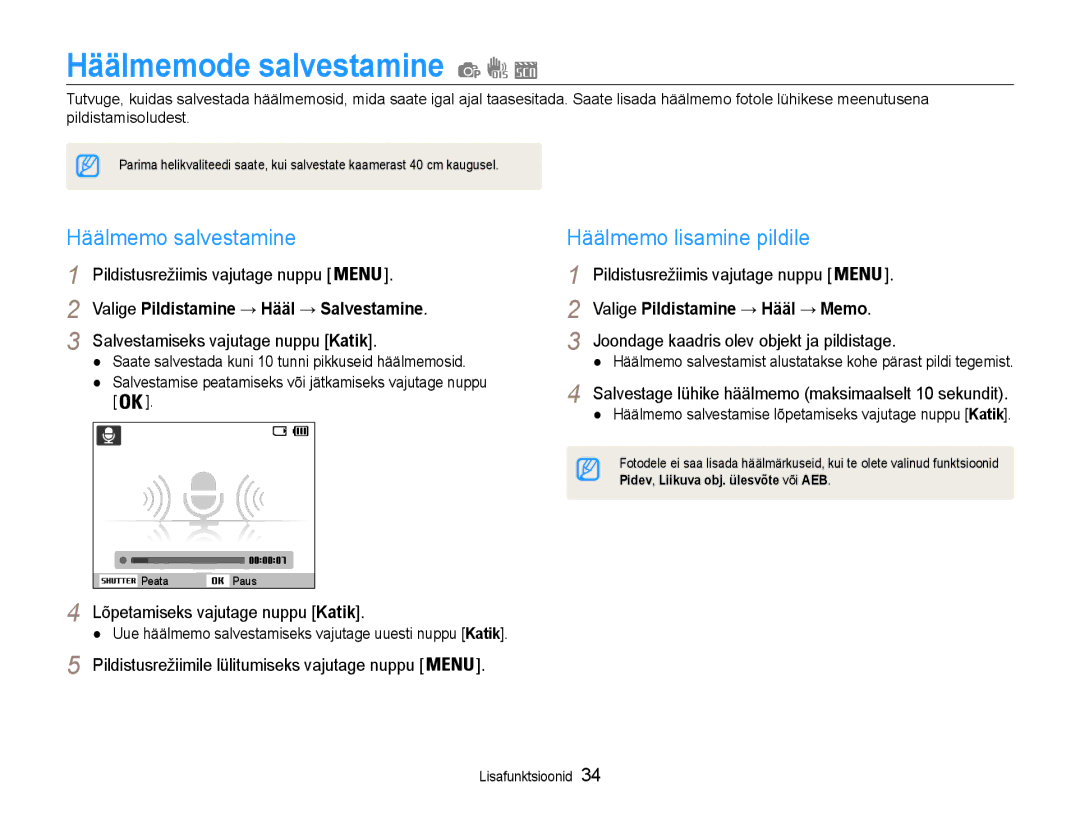 Samsung EC-ST30ZZBPEE2, EC-ST30ZZBPPE2 manual Häälmemode salvestamine, Häälmemo salvestamine, Häälmemo lisamine pildile 