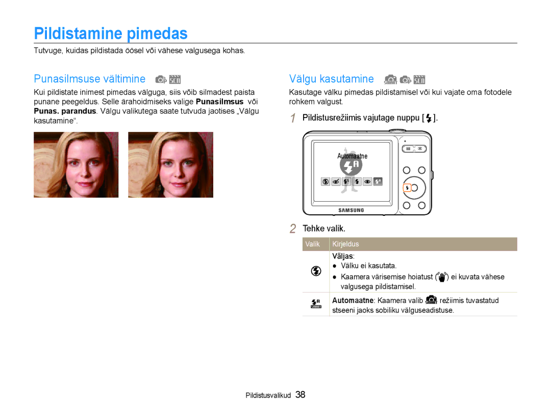 Samsung EC-ST30ZZBPSE2, EC-ST30ZZBPEE2 manual Pildistamine pimedas, Punasilmsuse vältimine, Välgu kasutamine, Väljas 