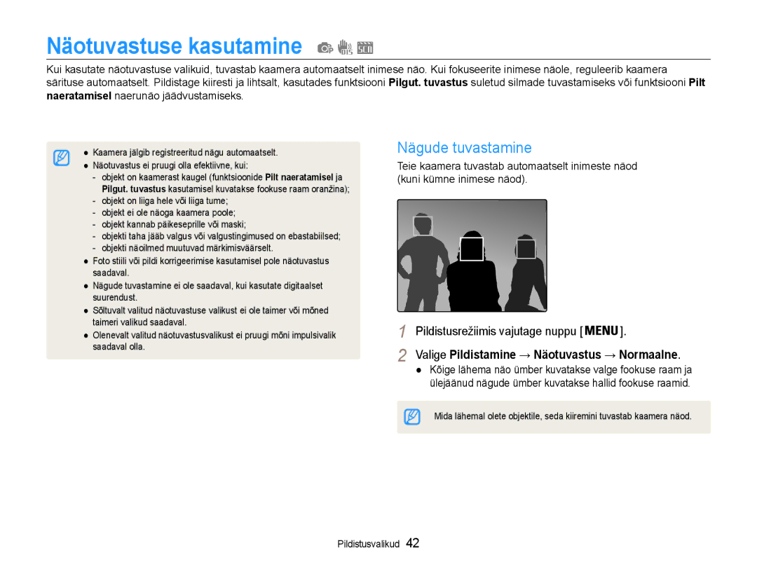 Samsung EC-ST30ZZBPRE2 manual Näotuvastuse kasutamine, Nägude tuvastamine, Valige Pildistamine → Näotuvastus → Normaalne 