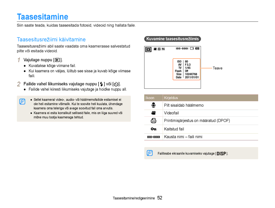 Samsung EC-ST30ZZBPRE2 Taasesitamine, Taasesitusrežiimi käivitamine, Failide vahel liikumiseks vajutage nuppu või, Teave 