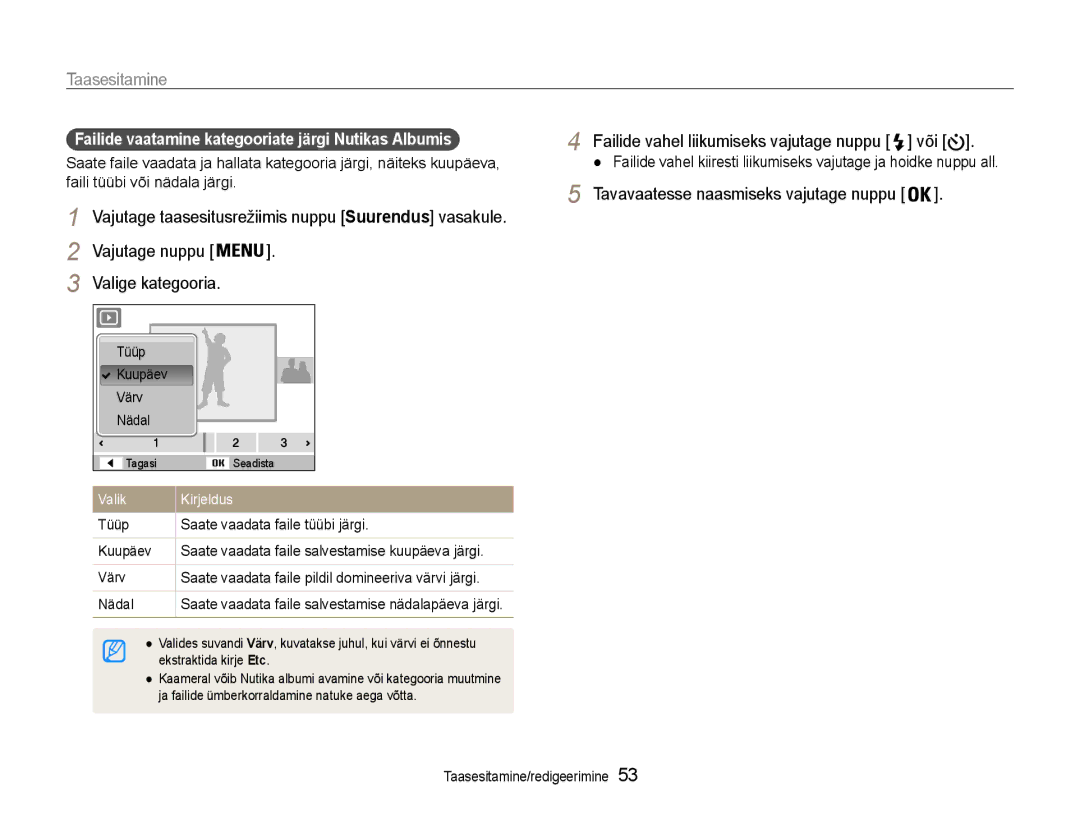 Samsung EC-ST30ZZBPSE2, EC-ST30ZZBPEE2, EC-ST30ZZBPPE2 Taasesitamine, Failide vaatamine kategooriate järgi Nutikas Albumis 