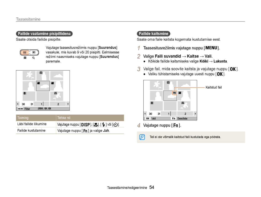 Samsung EC-ST30ZZBPEE2 manual Taasesitusrežiimis vajutage nuppu, Failide vaatamine pisipiltidena, Failide kaitsmine 