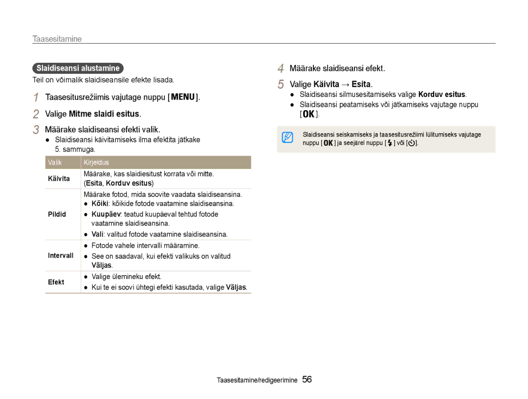 Samsung EC-ST30ZZBPBE2 manual Valige Mitme slaidi esitus, Määrake slaidiseansi efekti valik, Valige Käivita → Esita 