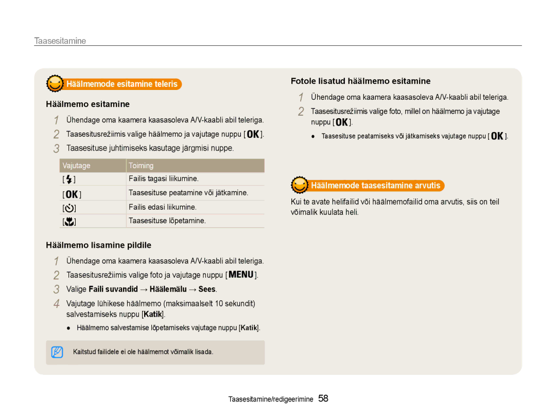 Samsung EC-ST30ZZBPSE2, EC-ST30ZZBPEE2 manual Häälmemode esitamine teleris, Häälmemo esitamine, Häälmemo lisamine pildile 