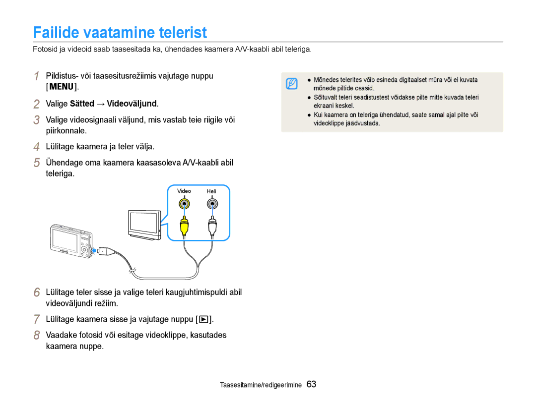 Samsung EC-ST30ZZBPSE2, EC-ST30ZZBPEE2, EC-ST30ZZBPPE2 manual Failide vaatamine telerist, Valige Sätted → Videoväljund 