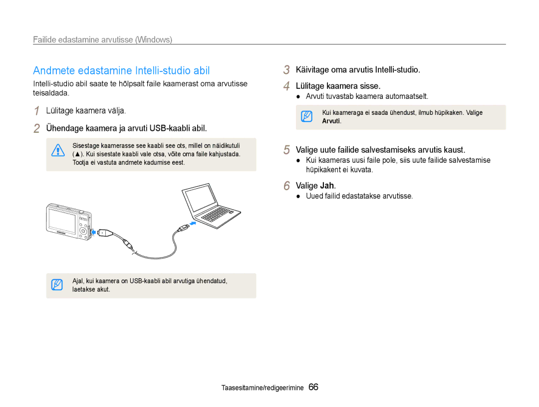 Samsung EC-ST30ZZBPBE2 Andmete edastamine Intelli-studio abil, Käivitage oma arvutis Intelli-studio Lülitage kaamera sisse 