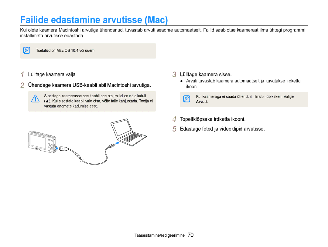 Samsung EC-ST30ZZBPPE2, EC-ST30ZZBPEE2, EC-ST30ZZBPBE2, EC-ST30ZZBPRE2, EC-ST30ZZBPSE2 manual Failide edastamine arvutisse Mac 