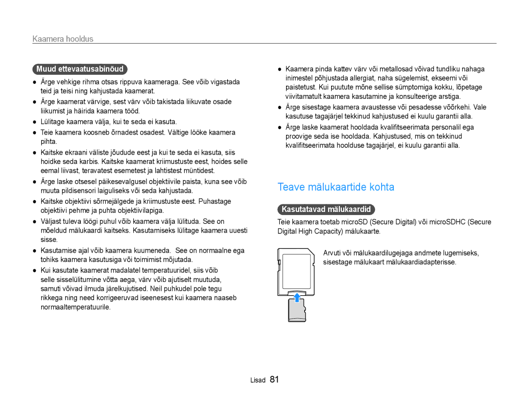 Samsung EC-ST30ZZBPBE2, EC-ST30ZZBPEE2 manual Teave mälukaartide kohta, Muud ettevaatusabinõud, Kasutatavad mälukaardid 