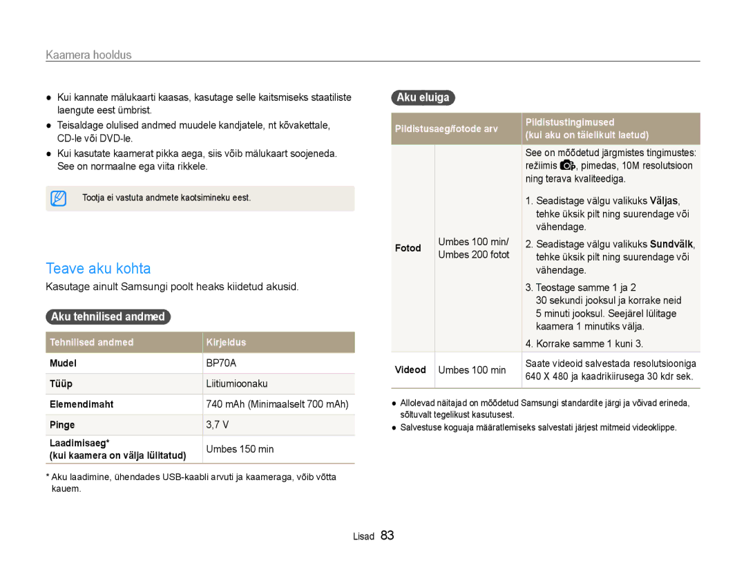 Samsung EC-ST30ZZBPSE2, EC-ST30ZZBPEE2 Teave aku kohta, Aku tehnilised andmed, Liitiumioonaku, Umbes 150 min, Aku eluiga 