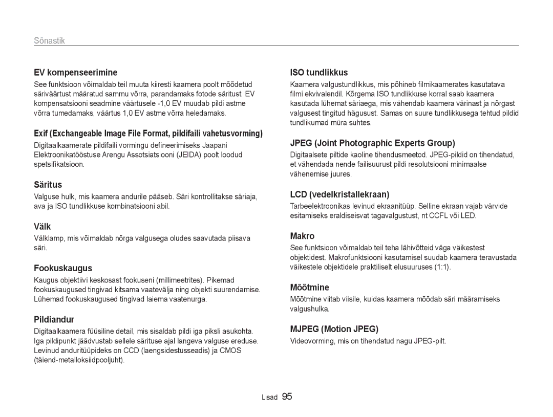 Samsung EC-ST30ZZBPPE2 manual EV kompenseerimine, Säritus, Välk, Fookuskaugus, Pildiandur, ISO tundlikkus, Makro, Mõõtmine 