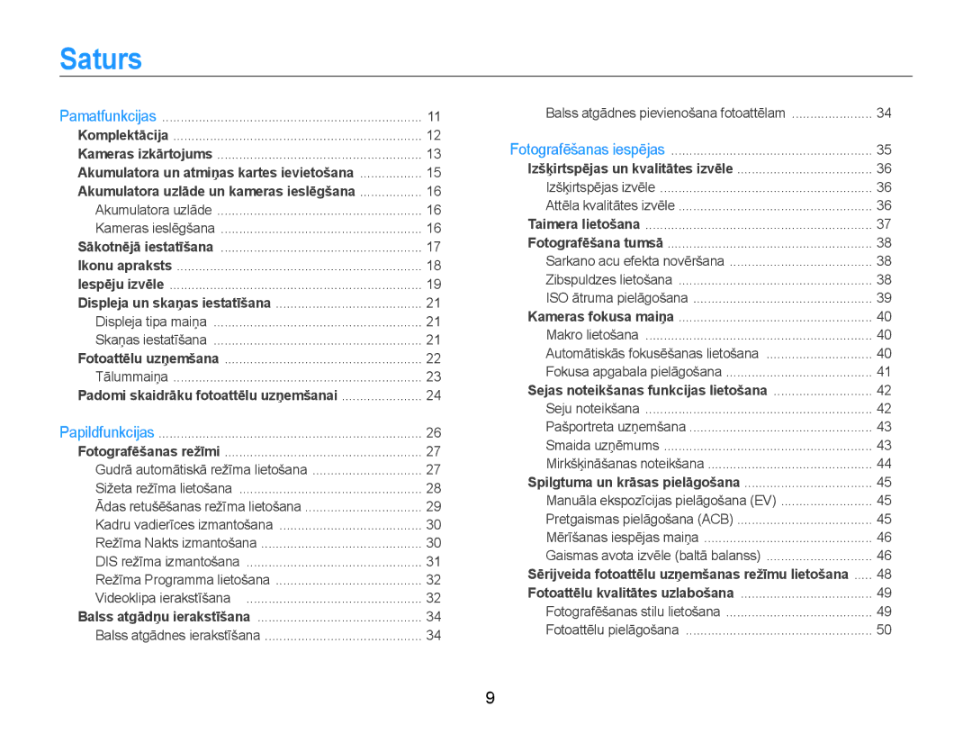 Samsung EC-ST30ZZBPEE2, EC-ST30ZZBPPE2, EC-ST30ZZBPBE2, EC-ST30ZZBPRE2 manual Saturs, Padomi skaidrāku fotoattēlu uzņemšanai 