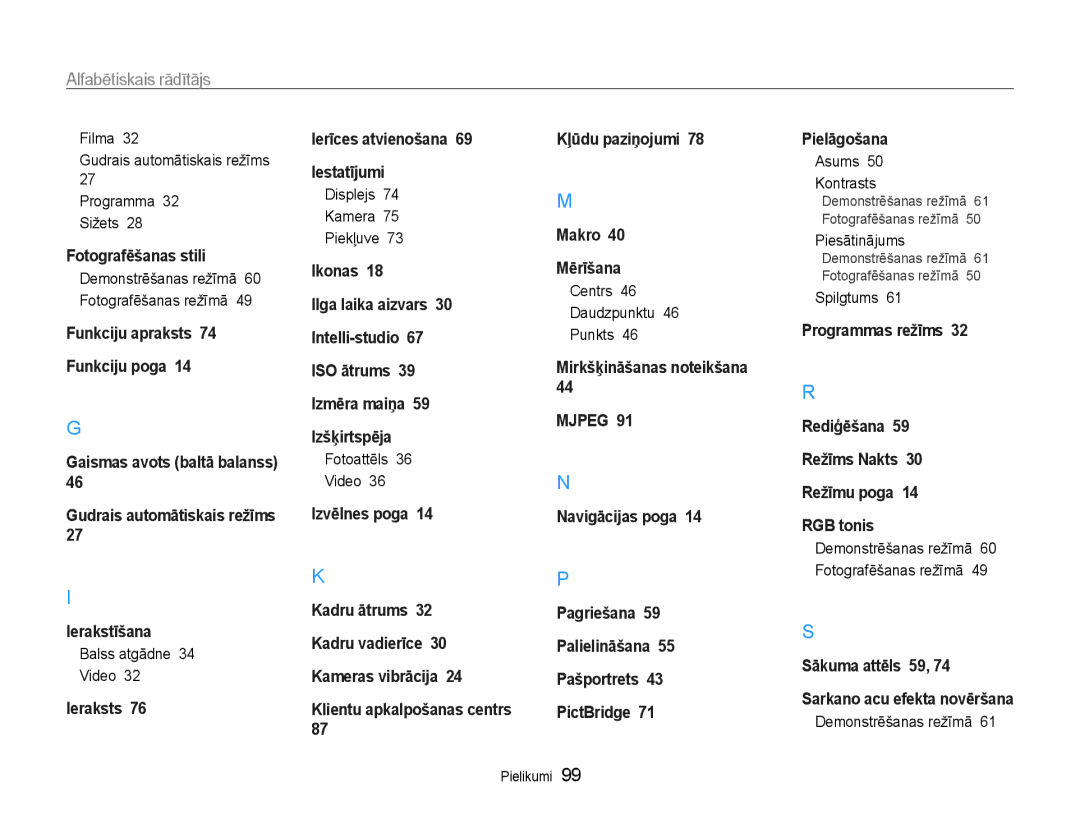 Samsung EC-ST30ZZBPEE2, EC-ST30ZZBPPE2, EC-ST30ZZBPBE2, EC-ST30ZZBPRE2, EC-ST30ZZBPSE2 manual Alfabētiskais rādītājs 