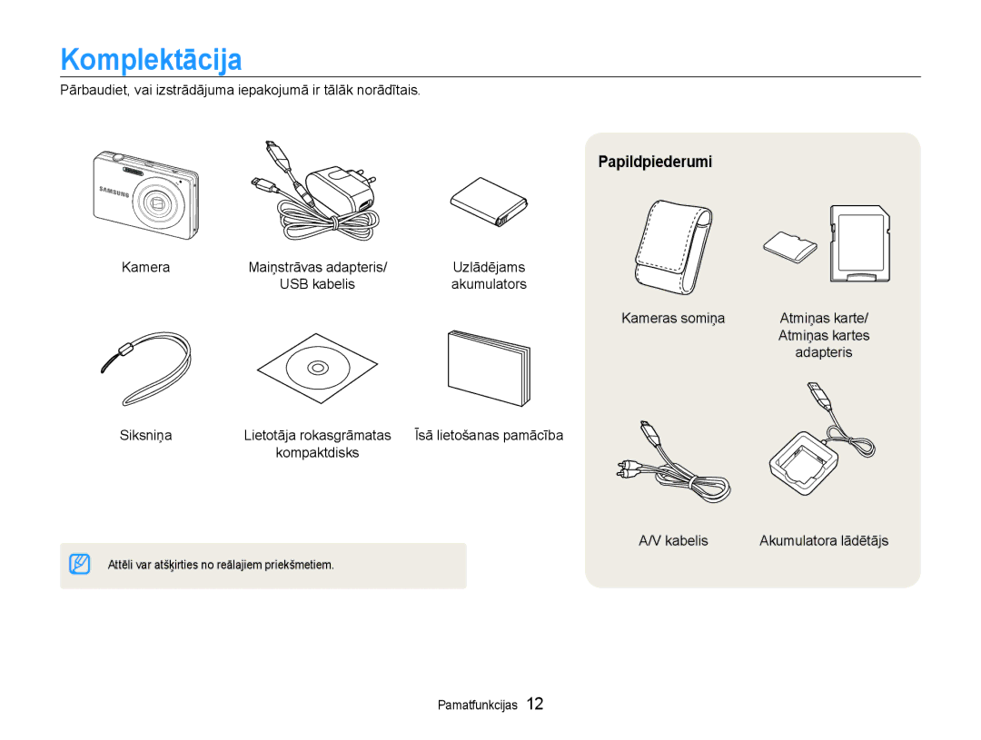 Samsung EC-ST30ZZBPRE2, EC-ST30ZZBPEE2, EC-ST30ZZBPPE2, EC-ST30ZZBPBE2, EC-ST30ZZBPSE2 manual Komplektācija, Papildpiederumi 