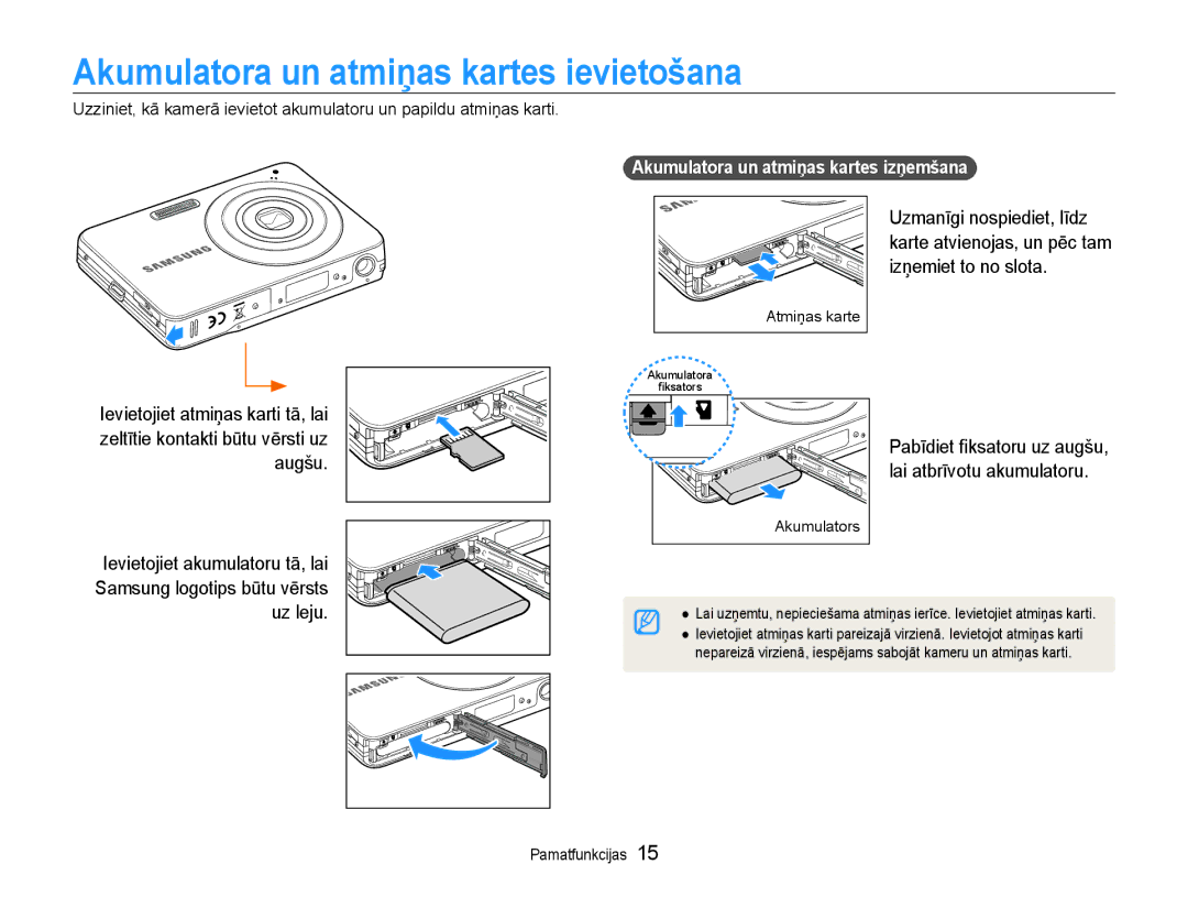 Samsung EC-ST30ZZBPPE2, EC-ST30ZZBPEE2, EC-ST30ZZBPBE2 Akumulatora un atmiņas kartes ievietošana, Uzmanīgi nospiediet, līdz 