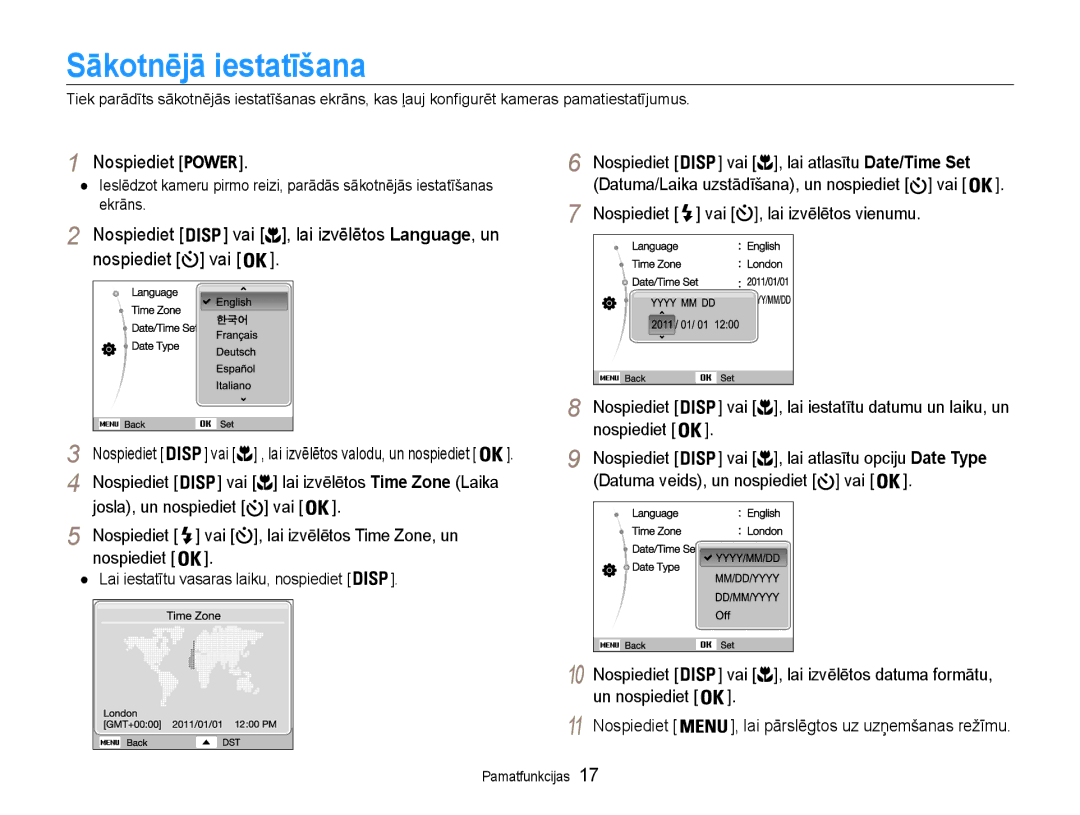 Samsung EC-ST30ZZBPRE2, EC-ST30ZZBPEE2, EC-ST30ZZBPPE2 Sākotnējā iestatīšana, Nospiediet Vai , lai izvēlētos vienumu 