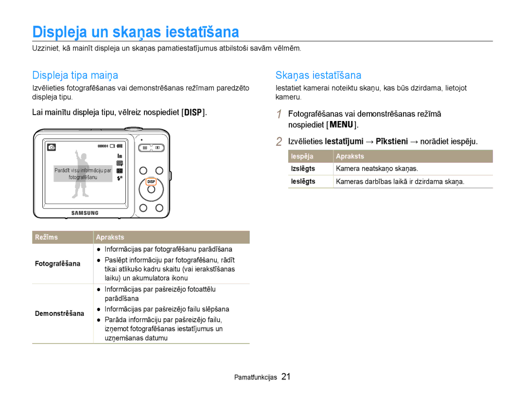 Samsung EC-ST30ZZBPBE2, EC-ST30ZZBPEE2 manual Displeja un skaņas iestatīšana, Displeja tipa maiņa, Skaņas iestatīšana 