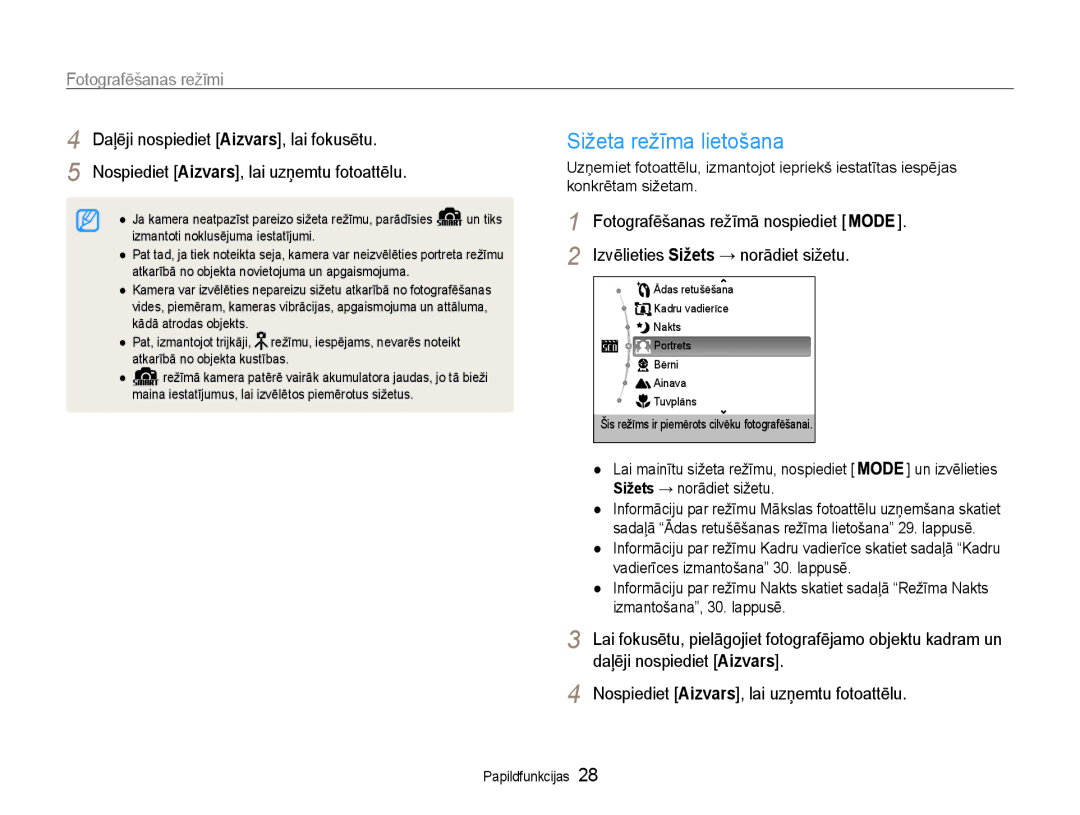 Samsung EC-ST30ZZBPSE2, EC-ST30ZZBPEE2, EC-ST30ZZBPPE2, EC-ST30ZZBPBE2 manual Sižeta režīma lietošana, Fotografēšanas režīmi 