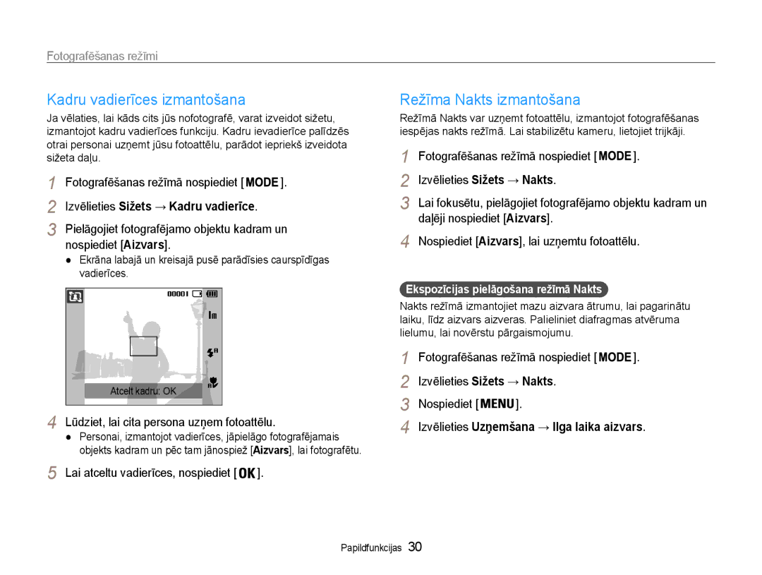 Samsung EC-ST30ZZBPPE2, EC-ST30ZZBPEE2, EC-ST30ZZBPBE2 manual Kadru vadierīces izmantošana, Režīma Nakts izmantošana 