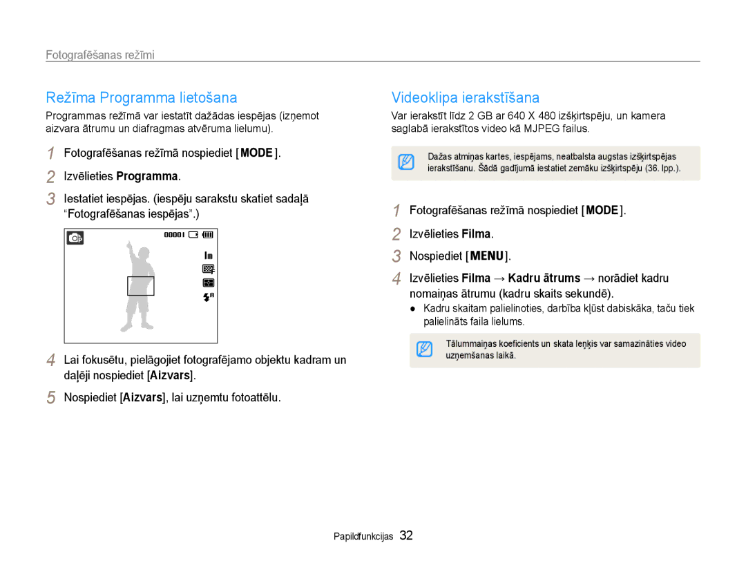 Samsung EC-ST30ZZBPRE2 manual Režīma Programma lietošana, Videoklipa ierakstīšana, Izvēlieties Programma, Izvēlieties Filma 