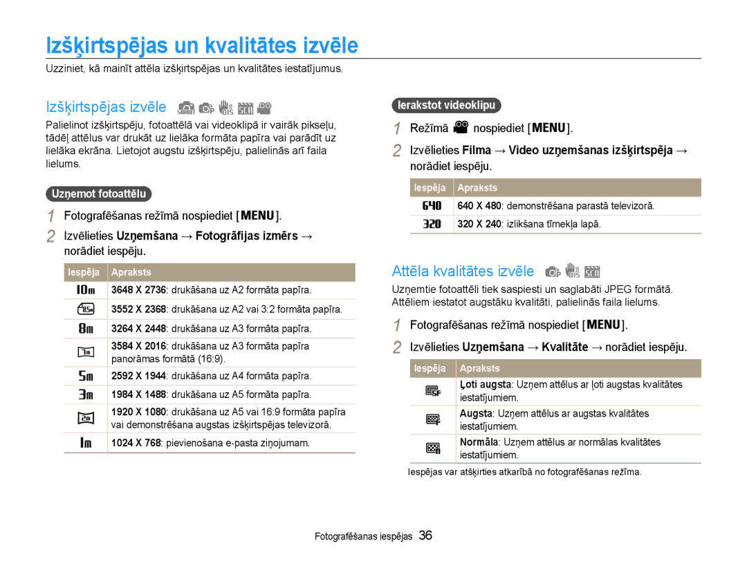 Samsung EC-ST30ZZBPBE2, EC-ST30ZZBPEE2 Izšķirtspējas un kvalitātes izvēle, Izšķirtspējas izvēle, Attēla kvalitātes izvēle 