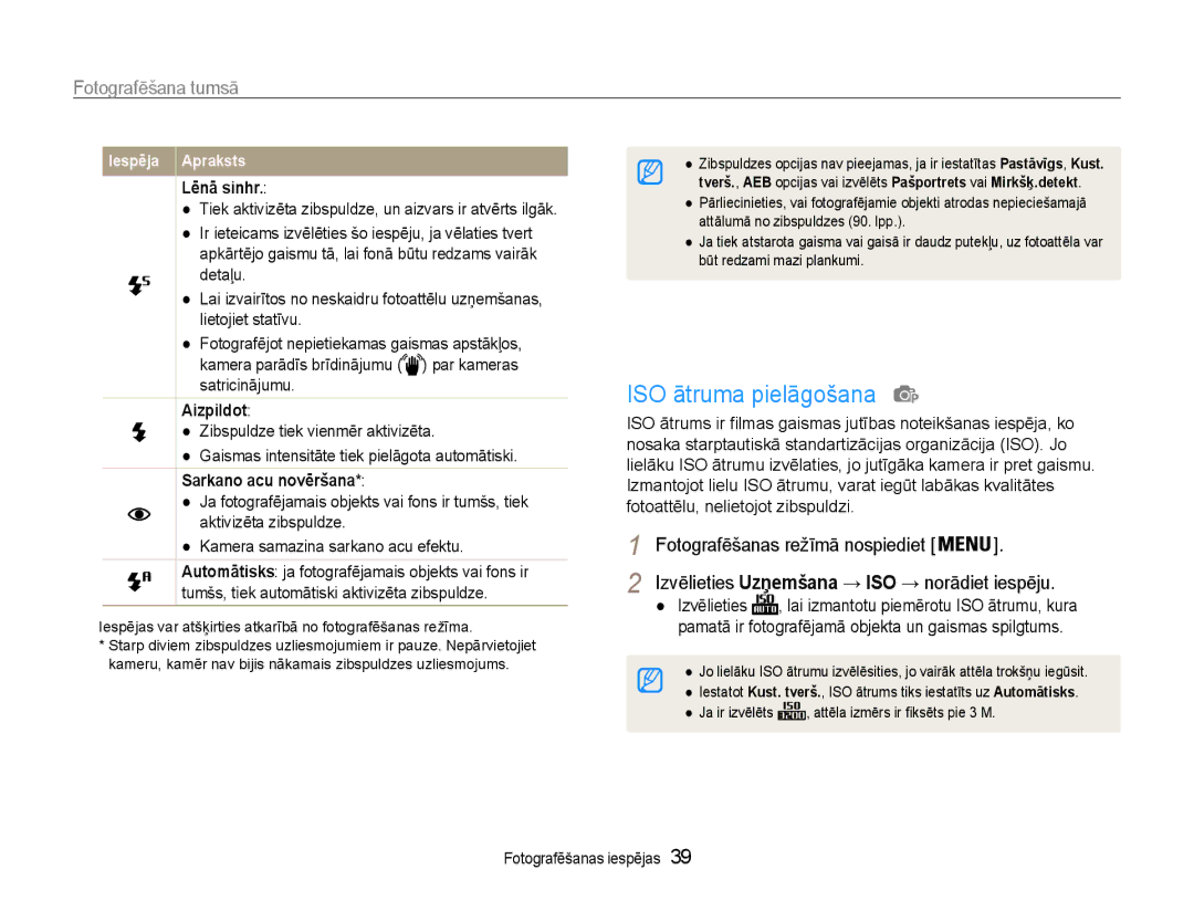 Samsung EC-ST30ZZBPEE2 manual ISO ātruma pielāgošana, Fotografēšana tumsā, Lēnā sinhr, Aizpildоt, Sarkano acu novēršana 