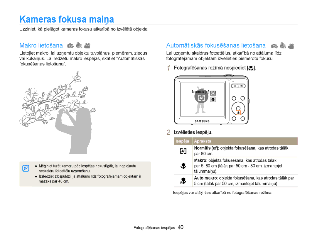 Samsung EC-ST30ZZBPPE2, EC-ST30ZZBPEE2 manual Kameras fokusa maiņa, Makro lietošana, Automātiskās fokusēšanas lietošana 