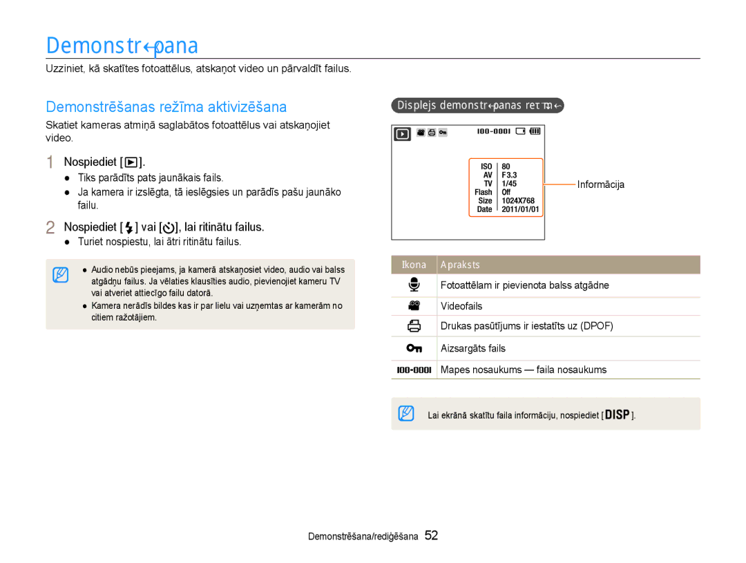 Samsung EC-ST30ZZBPRE2, EC-ST30ZZBPEE2 manual Demonstrēšanas režīma aktivizēšana, Nospiediet vai , lai ritinātu failus 