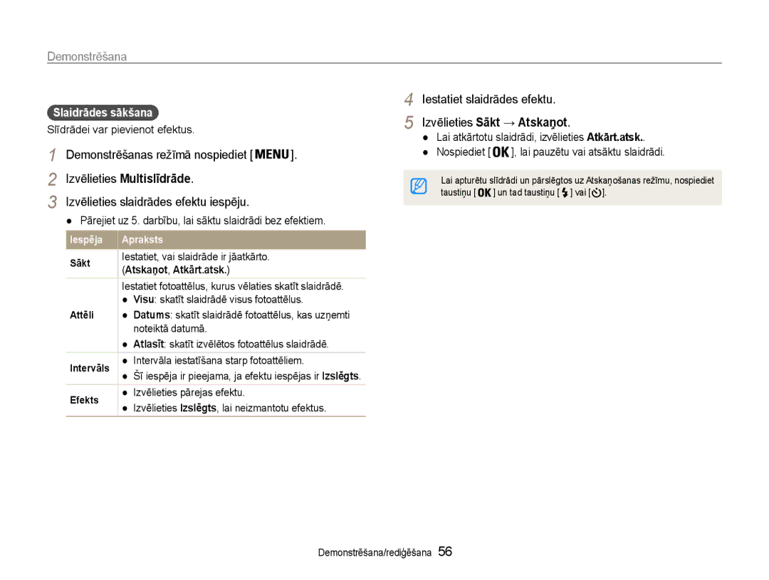 Samsung EC-ST30ZZBPBE2, EC-ST30ZZBPEE2 manual Iestatiet slaidrādes efektu, Izvēlieties Multislīdrāde, Slaidrādes sākšana 