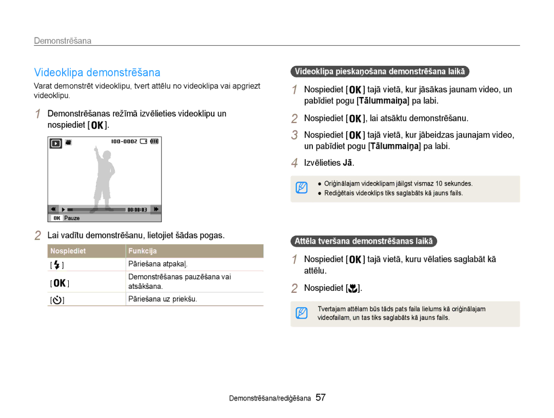 Samsung EC-ST30ZZBPRE2, EC-ST30ZZBPEE2, EC-ST30ZZBPPE2, EC-ST30ZZBPBE2, EC-ST30ZZBPSE2 manual Videoklipa demonstrēšana 