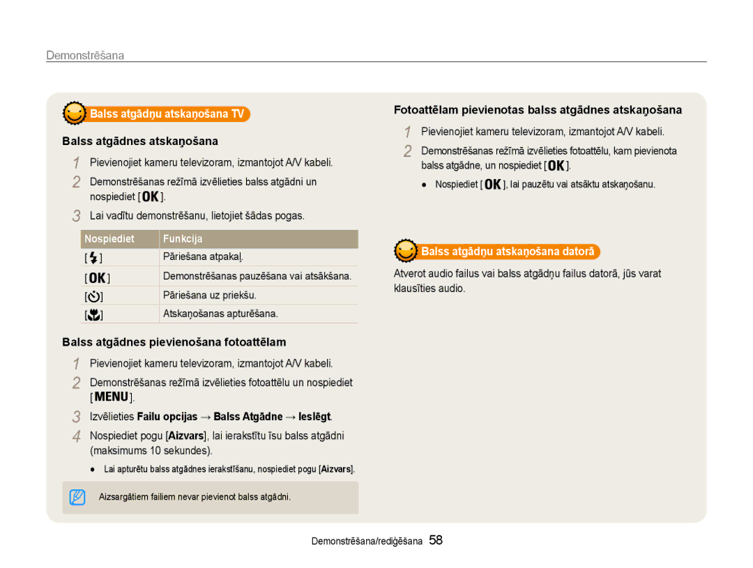 Samsung EC-ST30ZZBPSE2, EC-ST30ZZBPEE2 manual Balss atgādņu atskaņošana TV, Balss atgādnes atskaņošana, Nospiediet Funkcija 