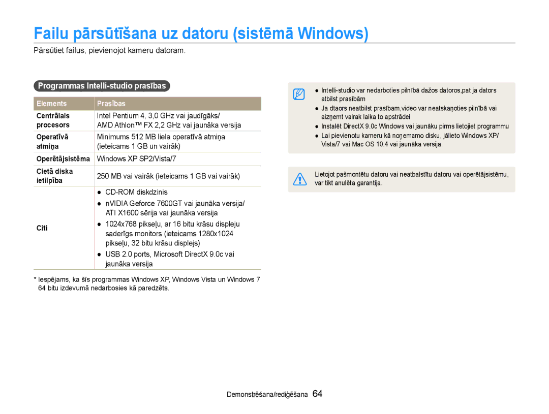 Samsung EC-ST30ZZBPEE2, EC-ST30ZZBPPE2 Failu pārsūtīšana uz datoru sistēmā Windows, Programmas Intelli-studio prasības 