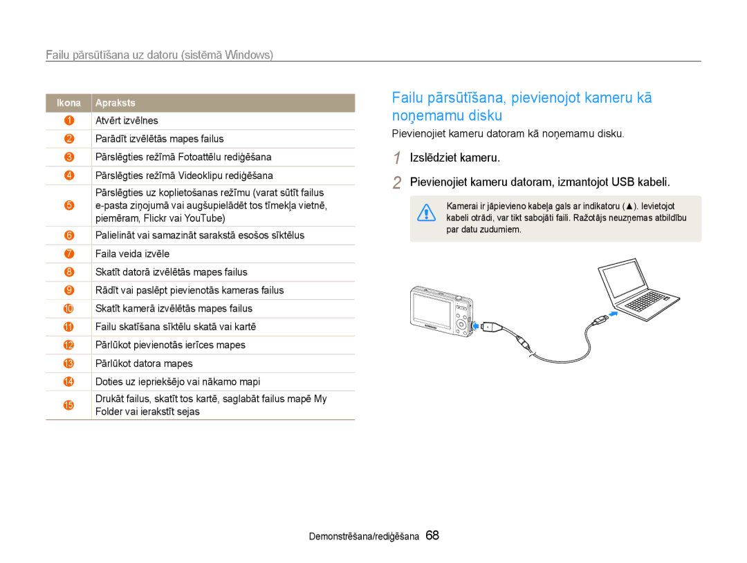 Samsung EC-ST30ZZBPSE2, EC-ST30ZZBPEE2, EC-ST30ZZBPPE2 manual Failu pārsūtīšana, pievienojot kameru kā noņemamu disku 