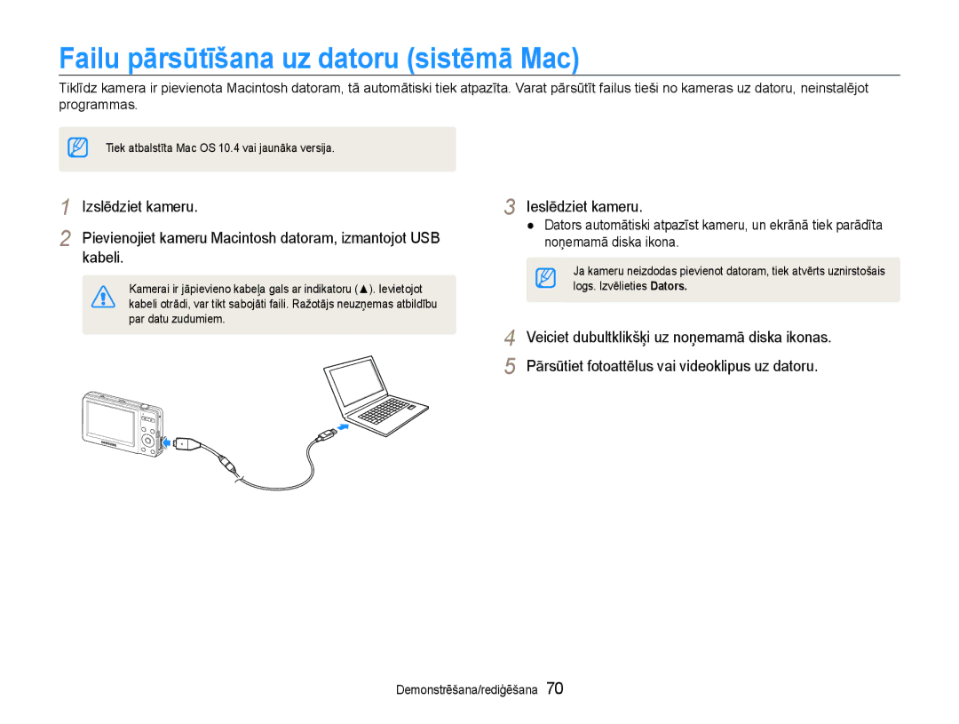 Samsung EC-ST30ZZBPPE2, EC-ST30ZZBPEE2, EC-ST30ZZBPBE2, EC-ST30ZZBPRE2 manual Failu pārsūtīšana uz datoru sistēmā Mac 