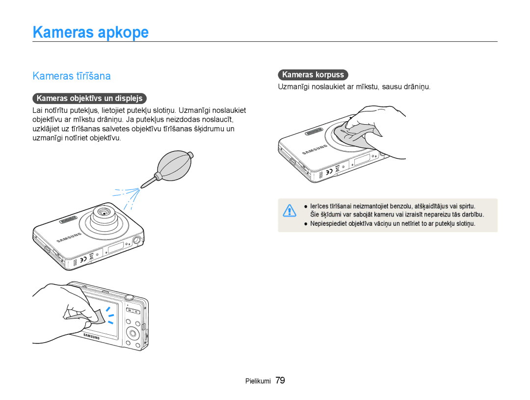 Samsung EC-ST30ZZBPEE2, EC-ST30ZZBPPE2 Kameras apkope, Kameras tīrīšana, Kameras objektīvs un displejs, Kameras korpuss 