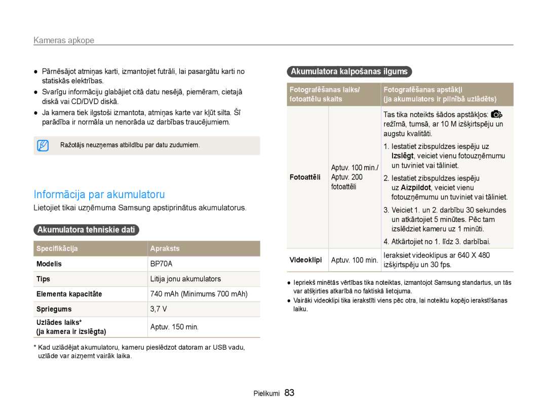 Samsung EC-ST30ZZBPSE2 manual Informācija par akumulatoru, Akumulatora tehniskie dati, Litija jonu akumulators, Aptuv min 