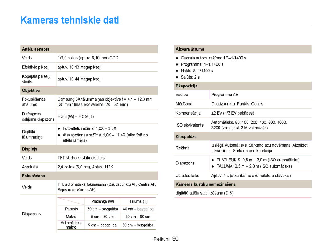 Samsung EC-ST30ZZBPPE2, EC-ST30ZZBPEE2, EC-ST30ZZBPBE2, EC-ST30ZZBPRE2, EC-ST30ZZBPSE2 manual Kameras tehniskie dati 