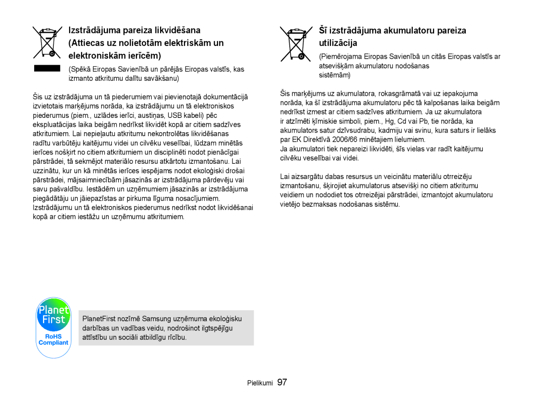 Samsung EC-ST30ZZBPRE2, EC-ST30ZZBPEE2, EC-ST30ZZBPPE2, EC-ST30ZZBPBE2 manual Šī izstrādājuma akumulatoru pareiza utilizācija 