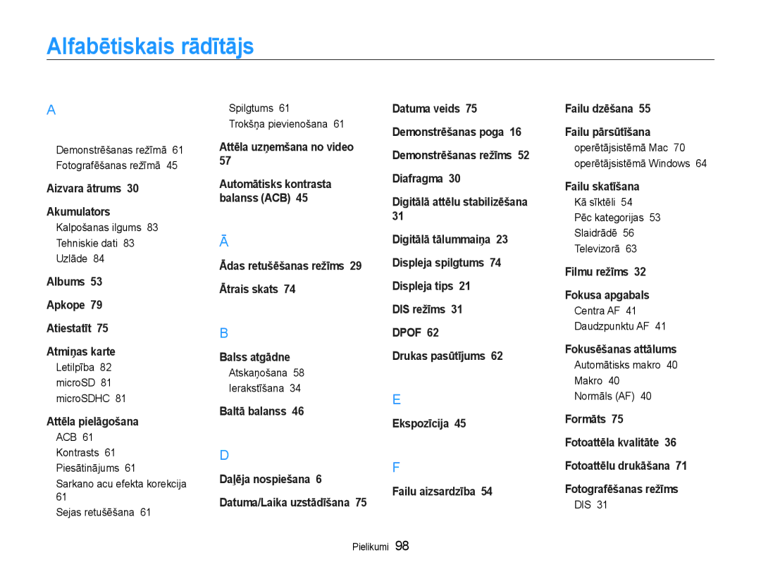 Samsung EC-ST30ZZBPSE2, EC-ST30ZZBPEE2, EC-ST30ZZBPPE2, EC-ST30ZZBPBE2, EC-ST30ZZBPRE2 manual Alfabētiskais rādītājs 