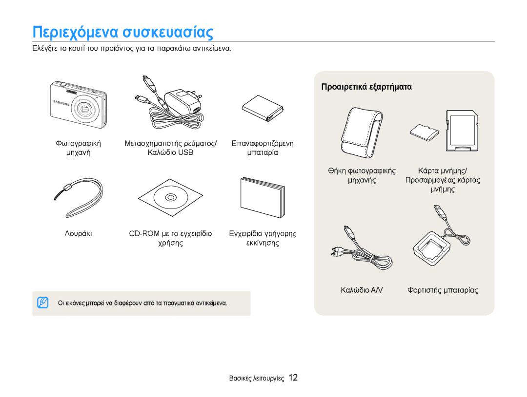 Samsung EC-ST30ZZBPSE3, EC-ST30ZZBPPE3 manual Περιεχόμενα συσκευασίας, Προαιρετικά εξαρτήματα, Λουράκι, Καλώδιο A/V 