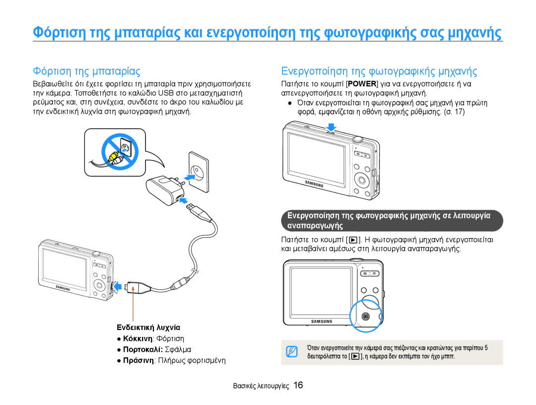 Samsung EC-ST30ZZBPBE3 Φόρτιση της μπαταρίας, Την ενδεικτική λυχνία στη φωτογραφική μηχανή, Πράσινη Πλήρως φορτισμένη 