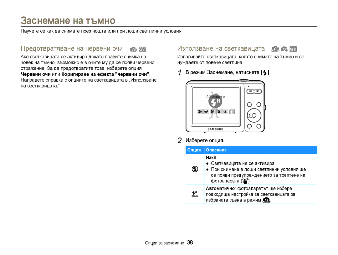 Samsung EC-ST30ZZBPBE3 manual Заснемане на тъмно, Предотвратяване на червени очи, Използване на светкавицата, Изкл 