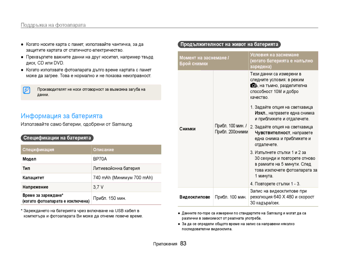 Samsung EC-ST30ZZBPPE3, EC-ST30ZZBPSE3 manual Информация за батерията, Спецификации на батерията, Брой снимки Заредена 