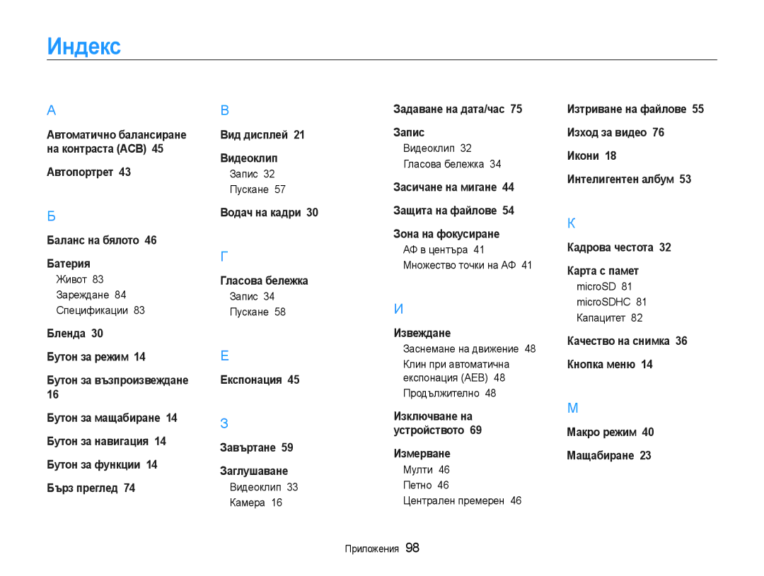 Samsung EC-ST30ZZBPBE3, EC-ST30ZZBPPE3, EC-ST30ZZBPSE3, EC-ST30ZZBPLE3 manual Индекс 