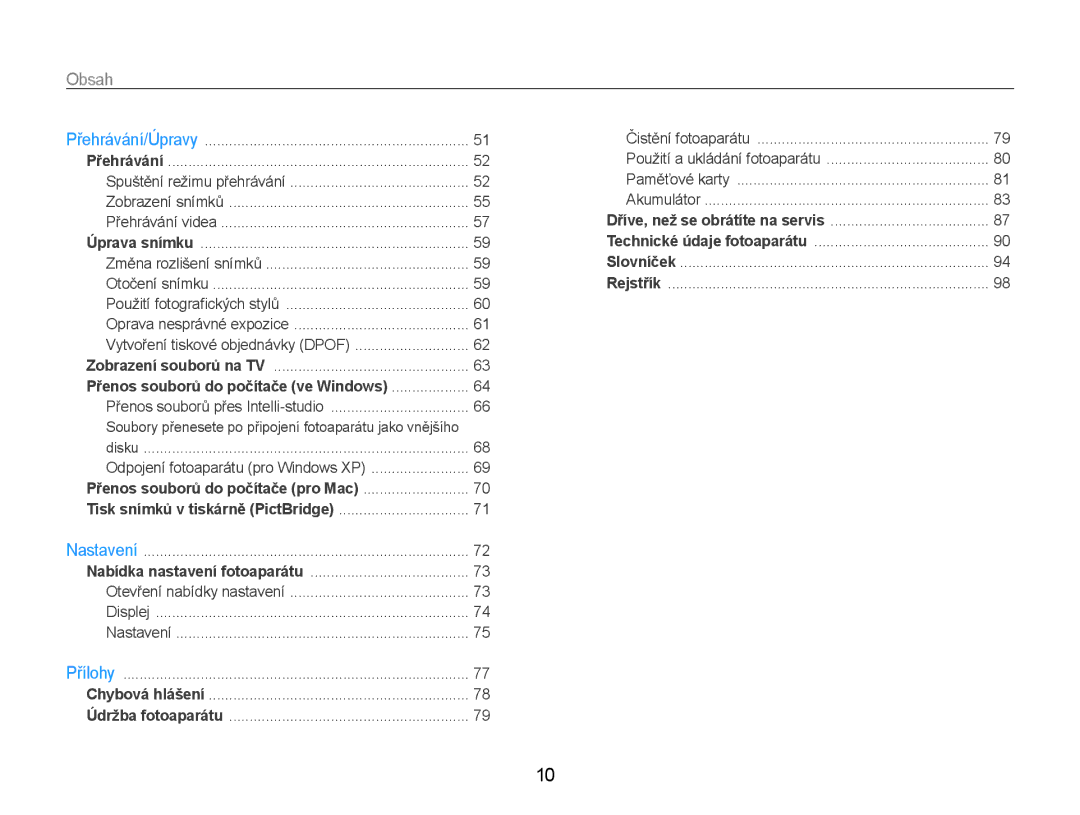 Samsung EC-ST30ZZBPSE3, EC-ST30ZZBPPE3, EC-ST30ZZBPLE3, EC-ST30ZZBPBE3, EC-ST30ZZBPEE3 manual Obsah﻿ 