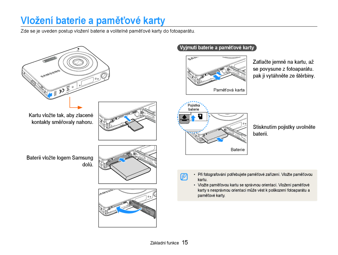 Samsung EC-ST30ZZBPSE3, EC-ST30ZZBPPE3 manual Vložení baterie a paměťové karty, Stisknutím pojistky uvolněte baterii 