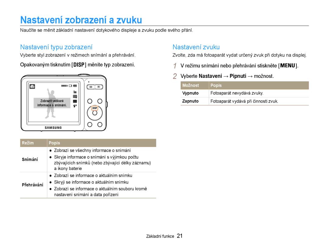 Samsung EC-ST30ZZBPLE3, EC-ST30ZZBPPE3 manual Nastavení zobrazení a zvuku, Nastavení typu zobrazení, Nastavení zvuku 