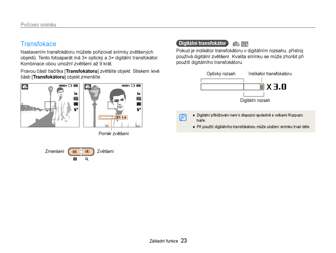 Samsung EC-ST30ZZBPEE3, EC-ST30ZZBPPE3, EC-ST30ZZBPSE3 manual Transfokace, Zmenšení Zvětšení, Digitální transfokátor 