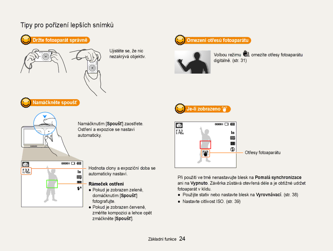 Samsung EC-ST30ZZBPPE3 manual Držte fotoaparát správně, Namáčkněte spoušť, Rámeček ostření, Omezení otřesů fotoaparátu 