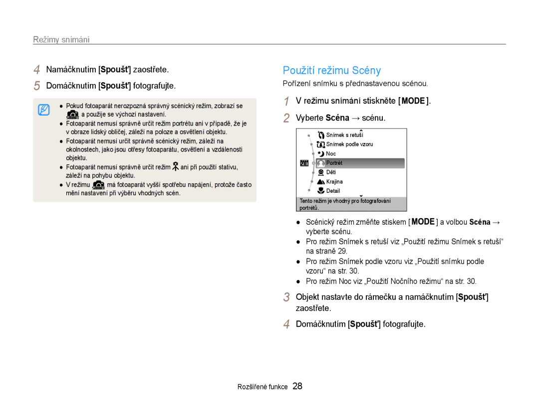 Samsung EC-ST30ZZBPEE3, EC-ST30ZZBPPE3, EC-ST30ZZBPSE3 Použití režimu Scény, Režimu snímání stiskněte Vyberte Scéna → scénu 